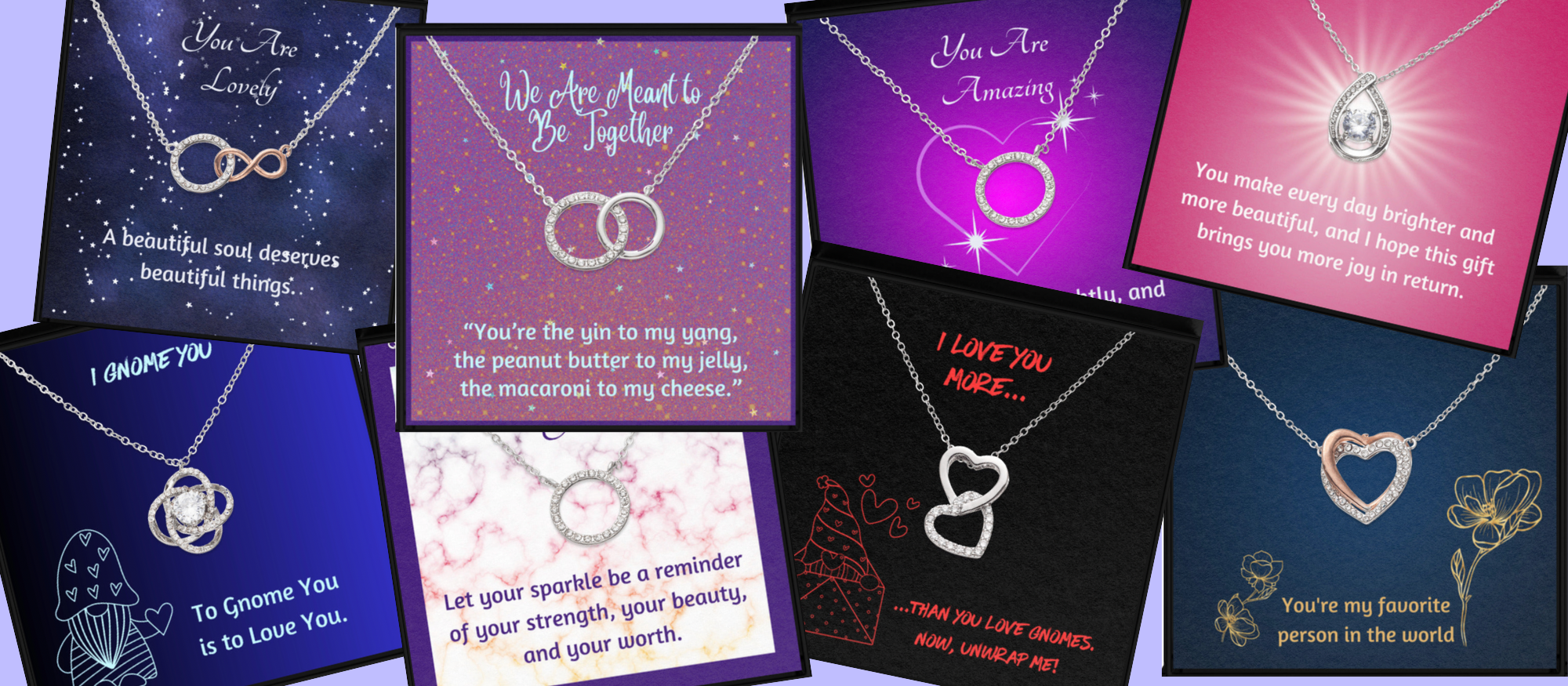 Bling necklaces with sentimental notes to express love.