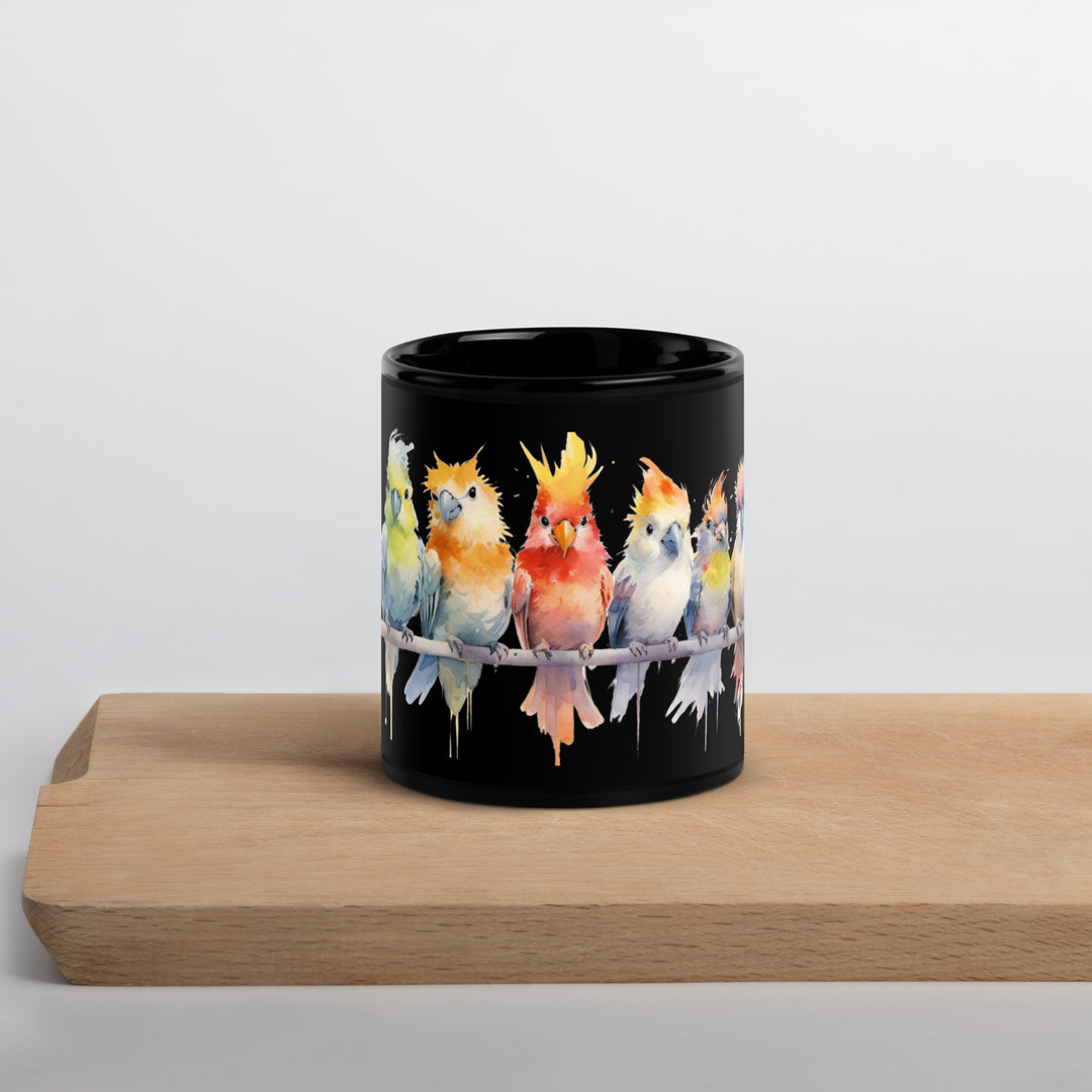 Cockatiels in a Row - Black Glossy Mug