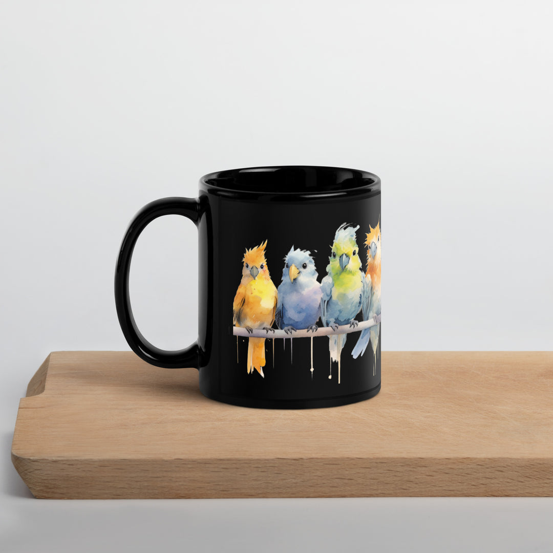Cockatiels in a Row - Black Glossy Mug