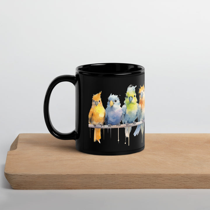 Cockatiels in a Row - Black Glossy Mug