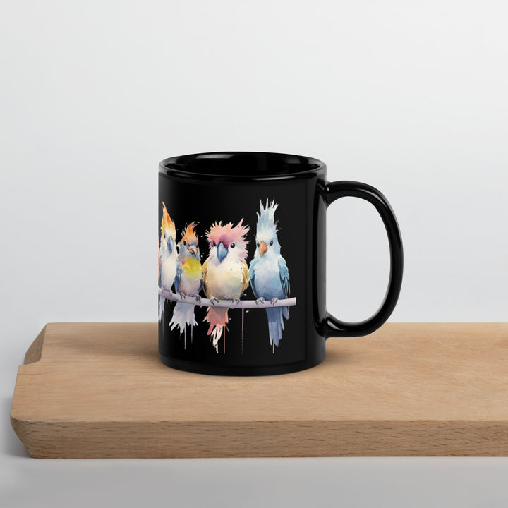 Cockatiels in a Row - Black Glossy Mug