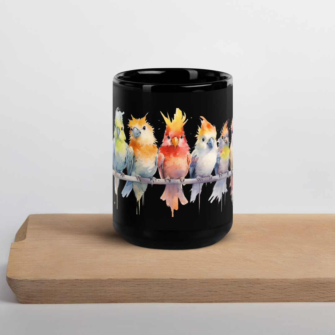 Cockatiels in a Row - Black Glossy Mug