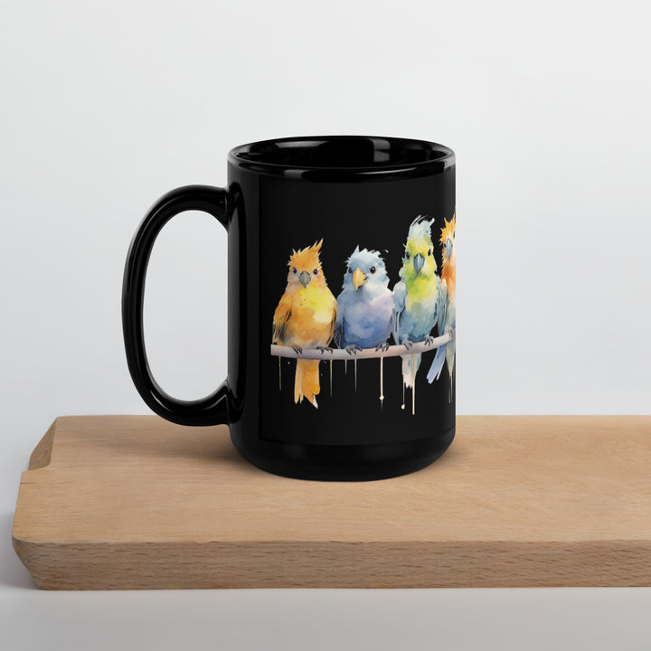 Cockatiels in a Row - Black Glossy Mug
