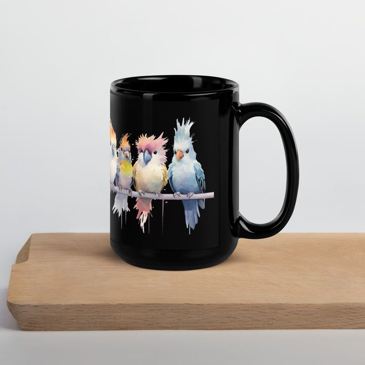 Cockatiels in a Row - Black Glossy Mug