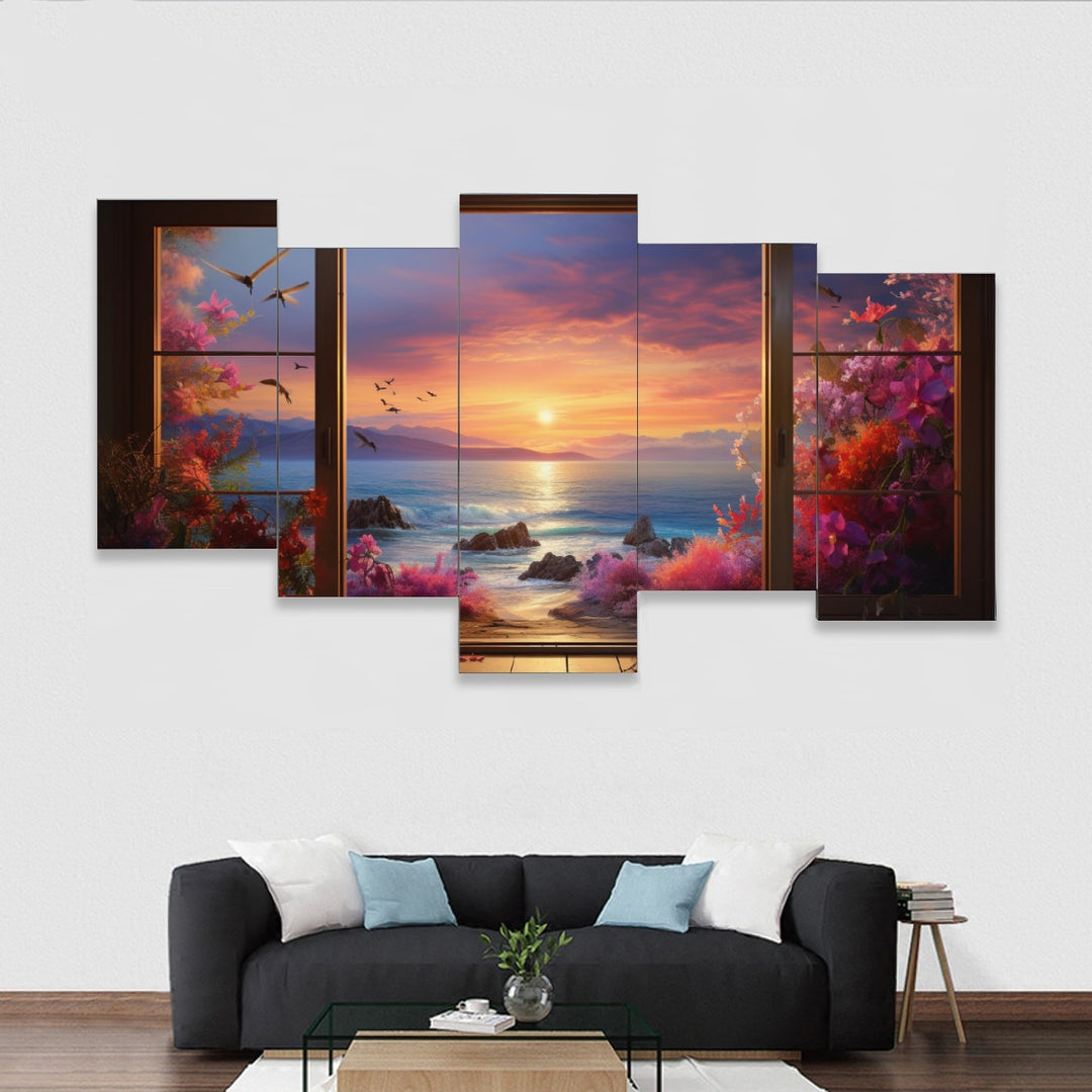 A Polynesian Sunset Serenade Window to Romantic Night Dreams - Framed five-piece mural