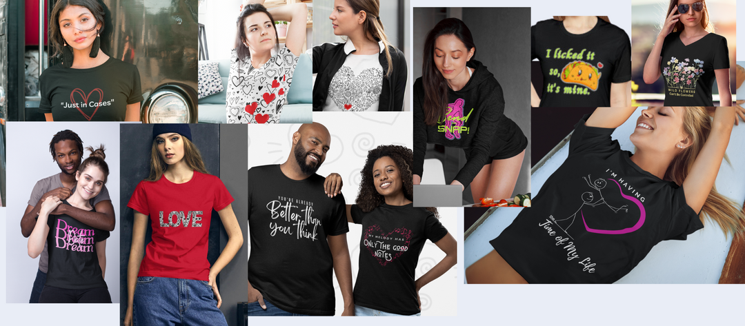 Collage of happy people in graphic t shirts, crop tops and hoodies. Expressing love and romance.