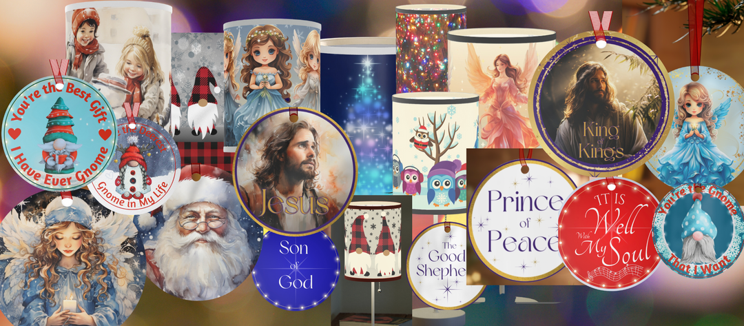 Christmas Holiday assorted products collage. Jesus, Angels, Santa, Gnomes, Owls all ready to bring a festive spirit to your home.