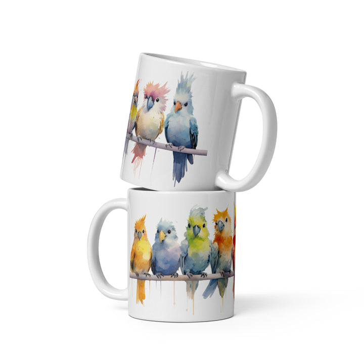 Cockatiels in a Row - White glossy mug
