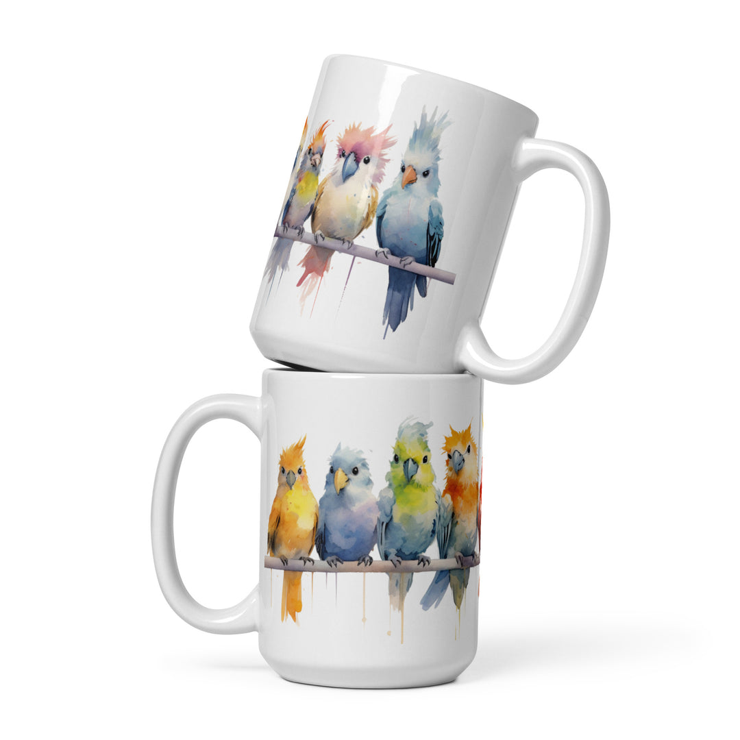Cockatiels in a Row - White glossy mug